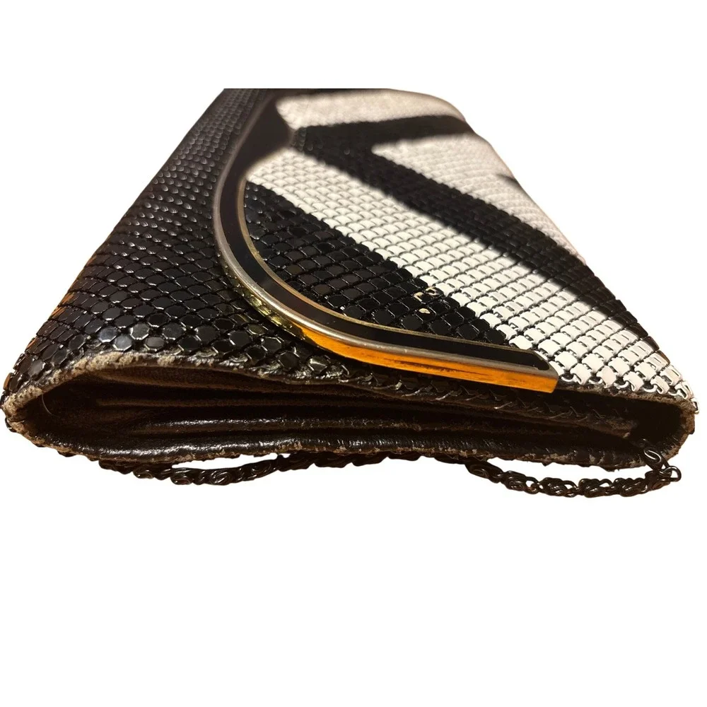 Vintage Black White Chevron Metal Mesh‎ Evening Clutch Shoulder Bag Gold Trim